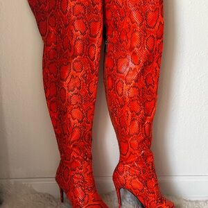 Cape Robbin Orange Snakeskin Print Thigh-High Peep Toe Stilettos Boots Size 8M